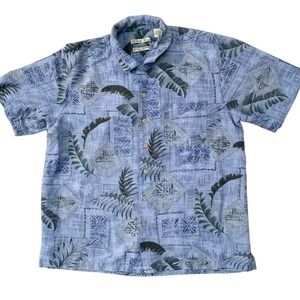 Batik Bay Blue‎ Hawaiian Button-Down Short Sleeve 100% Silk Shirt Large